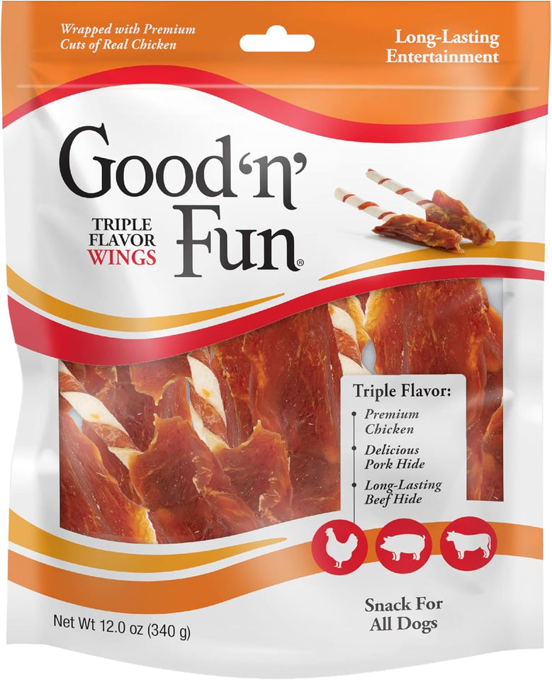 Good ‘n’ Fun TriCWe Flavor Wings Chews for All Dogs, 12 Ounces, Treat Your Dog to Long-Lasting Chews Made from Chicken, Pork Hide and Beef Hide