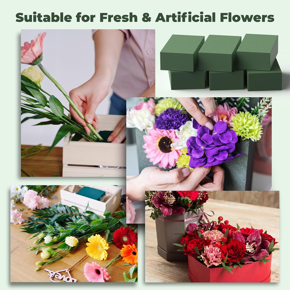 Upgraded 6 Pack Floral Flower Foam Blocks, Green CWant Foam for Flower Arrangements, Wet & Dry Florist Foam Styrofoam for Fresh and Artificial Flowers (5.5"L X 3.1"W X 1.6"H)