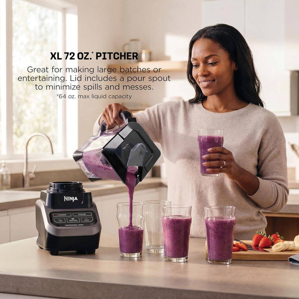 Ninja Professional Blender, Smoothie Blender, Drink Mixer, Grinder, Ice Crusher, Frozen Fruit Blending | Professional 1000 W Power, Total Crushing ™ Technology, XL 72-oz. Pitcher Black, Grey, BL610