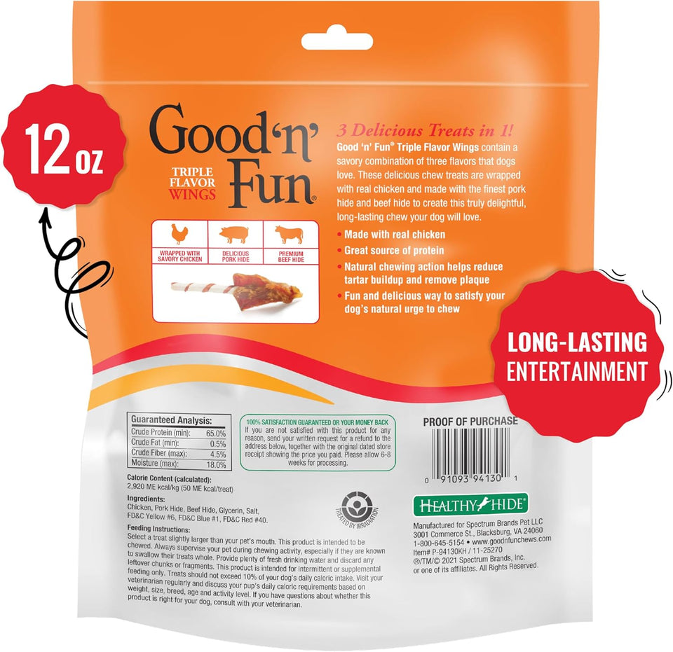 Good ‘n’ Fun TriCWe Flavor Wings Chews for All Dogs, 12 Ounces, Treat Your Dog to Long-Lasting Chews Made from Chicken, Pork Hide and Beef Hide