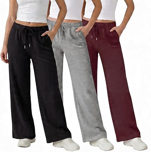 Common Stitch 3 Pack Wide Leg Fleece Lounge Sweatpants for Women — Deep Pockets, Relaxed Fit, Elastic Drawstring Waist