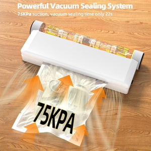 Food Vacuum Sealer Machine, 75KPA Strong Suction, Dry/Wet Modes, 20 Vacuum Seal Bags for Food, Digital Countdown Timer, Compact Lightweight, Ideal for Home Kitchen Use