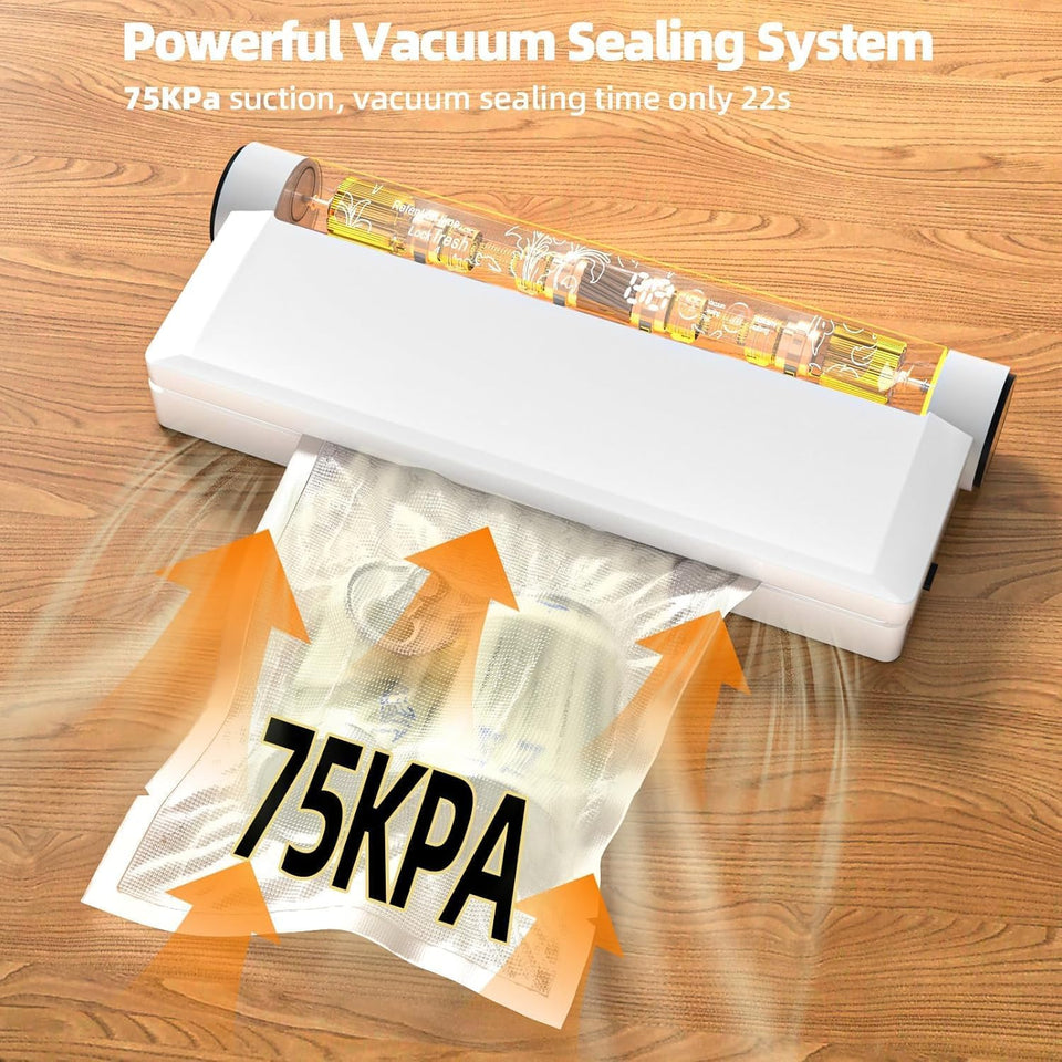 Food Vacuum Sealer Machine, 75KPA Strong Suction, Dry/Wet Modes, 20 Vacuum Seal Bags for Food, Digital Countdown Timer, Compact Lightweight, Ideal for Home Kitchen Use