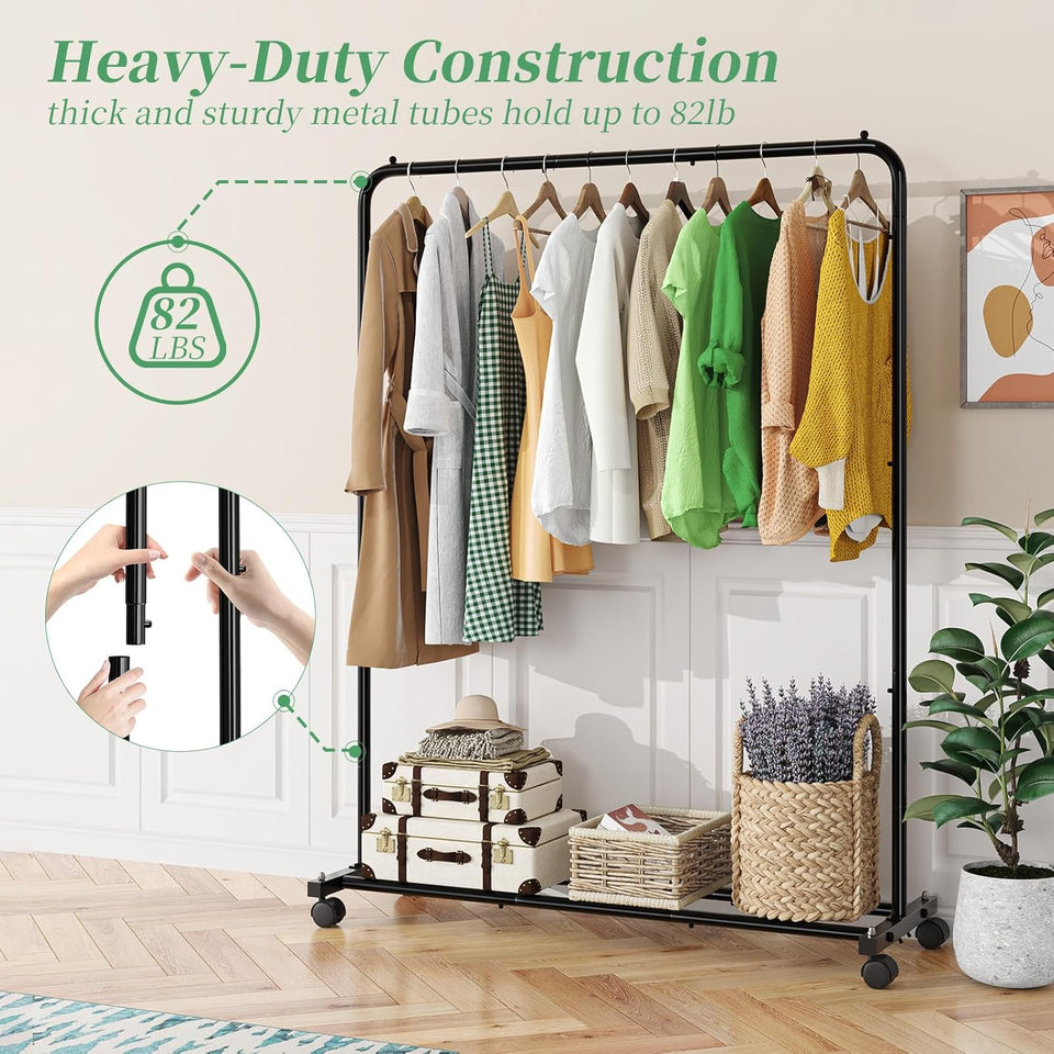 Simple Trending Clothing Rack for Hanging clothes, Portable Garment Rack with Bottom Shelf, Metal Clothes Rack on Wheels for Bedroom, Laundry Room, Black