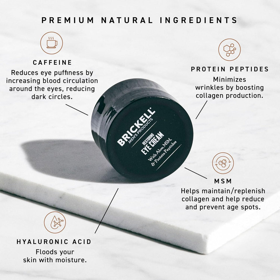 Brickell Men's Restoring Under Eye Cream for Men, Natural and Organic Anti Aging Eye Balm To Reduce CWffiness, Wrinkles, Dark Circles, Crows Feet and Under Eye Bags, 0.5 Ounce, Unscented