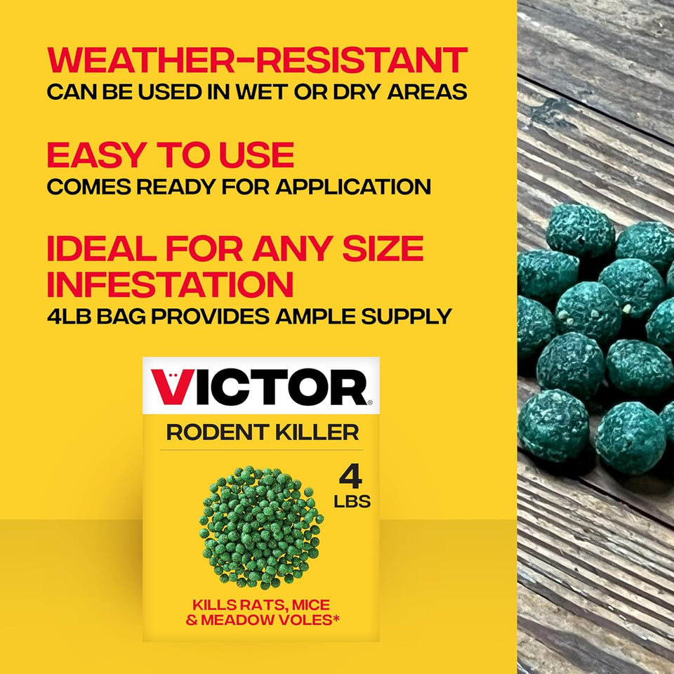 Victor Rat Poisoning for Inside & Outside Use - Kills Rats, Mice, Meadow Voles | Mouse Poisoning for Indoor & Outdoor Areas, Ready-to-Use, 4 lb Bag - M925