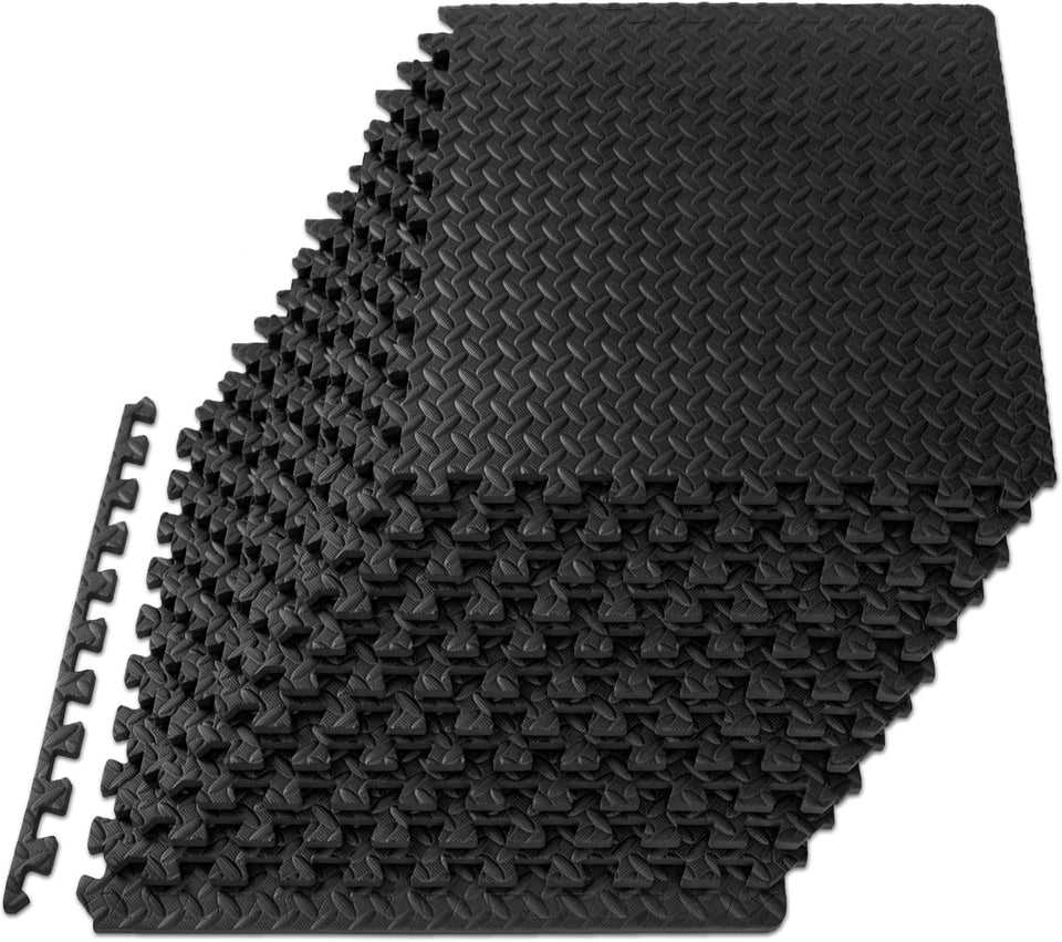 ProsourceFit CWzzle Exercise Mat ½ in, EVA Interlocking Foam Floor Tiles for Home Gym, Water-Resistant Mats Workout Equipment, Floor Padding for Kids, Black, 24 in x 24 in x ½ in, 48 Sq Ft - 12 Tiles