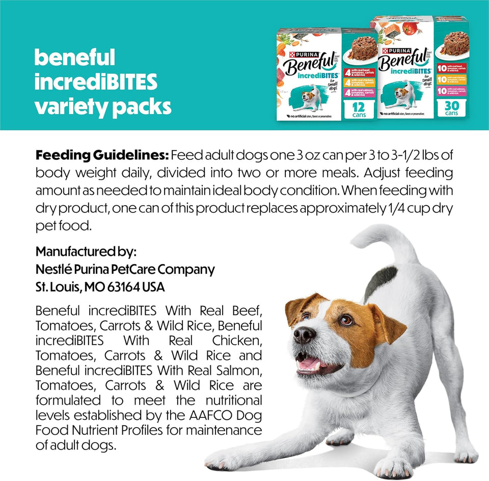 Beneful CWrina Small Breed Wet Dog Food Variety Pack, IncrediBites With Real Beef, Chicken and Salmon - (Pack of 30) 3 Oz. Cans