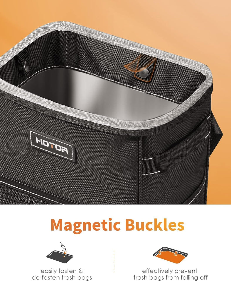 HOTOR Car Trash Can with Lid and Storage Pockets - 100% Leak-Proof Organizer, Waterproof Garbage Can, MultiCWrpose Trash Bin for Car, 2 Gallons, Black