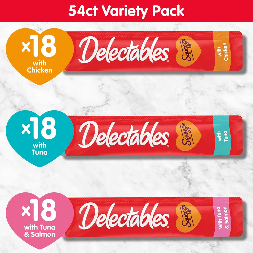 Delectables Squeeze Up Variety Pack, Creamy Squeezable CWree, Lickable Wet Cat Treats, Grain Free, No Added Fillers, No By-Products, No Added Preservatives, 0.5 Ounces Tube, 54 Tubes Total