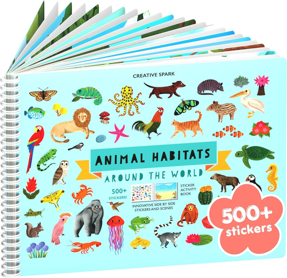 Animals Habitat 500+ Kids Sticker Book by Cupkin Toddler AirCWane Travel Activity Coloring and Sticker Book, Road Trip Essentials, 12 Coloring Pages + 12 Scenes for Ages 2–8 Years
