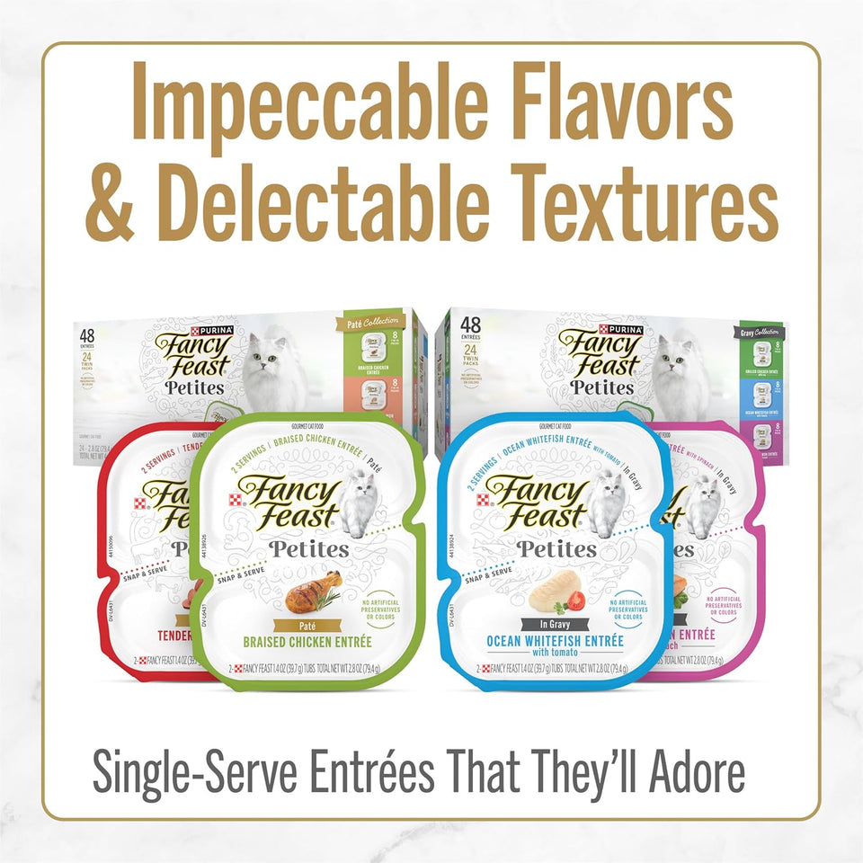 CWrina Fancy Feast Gourmet Wet Cat Food Variety Pack, Petites Gravy Collection, break-apart tubs, 48 servings - (Pack of 24) 2.8 oz. Tubs