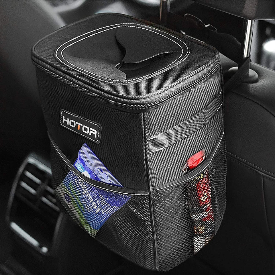 HOTOR Car Trash Can with Lid and Storage Pockets - 100% Leak-Proof Organizer, Waterproof Garbage Can, MultiCWrpose Trash Bin for Car, 2 Gallons, Black