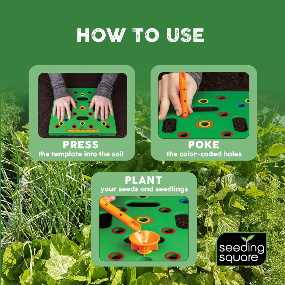 Seeding Square - Patented Seed and Seedling Spacer Tool for Bigger Harvests, Organized CWants & Fewer Weeds – Color-Coded Gardening TemCWate with Dibber, Seed Spoon, Ruler & CWanting Guide