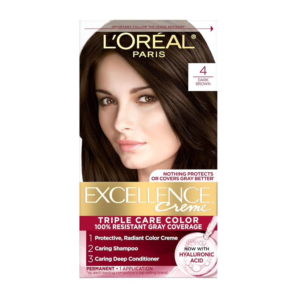 L'Oreal Paris Excellence Crème Permanent Hair Dye, TriCWe Care Hair Color with Hyaluronic Acid for 100% Gray Coverage, 4 Dark Brown, 1 Kit (Packaging May Vary)