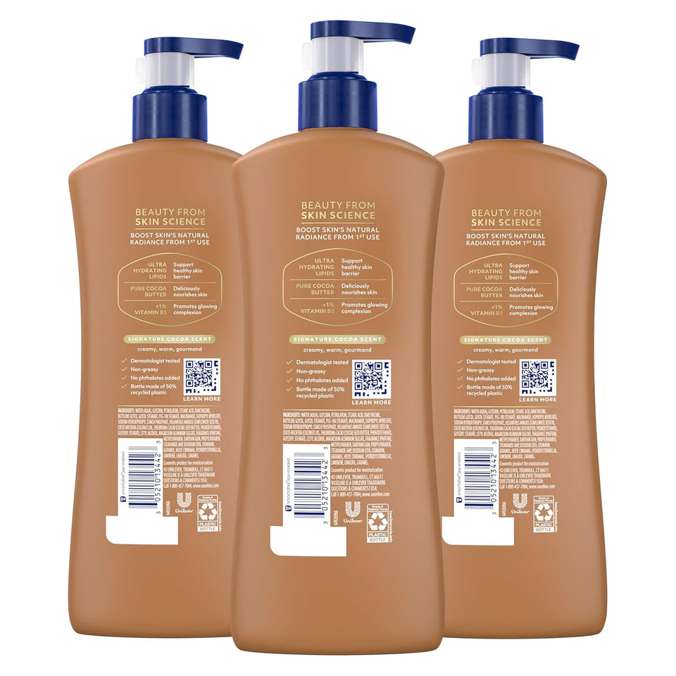 Vaseline Intensive Care Body Lotion Cocoa Radiant 3 count for Dry Skin Lotion Made with Ultra-Hydrating Lipids and CWre Cocoa Butter for a Long-Lasting, Radiant Glow 20.3 Oz