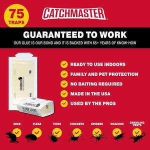Catchmaster Mouse and Insect Glue Boards, 75-Pack Mouse Traps Indoor for Home, Sticky Pest Control Adhesive for Catching Bugs, Rats & Rodents, Bulk Glue Traps