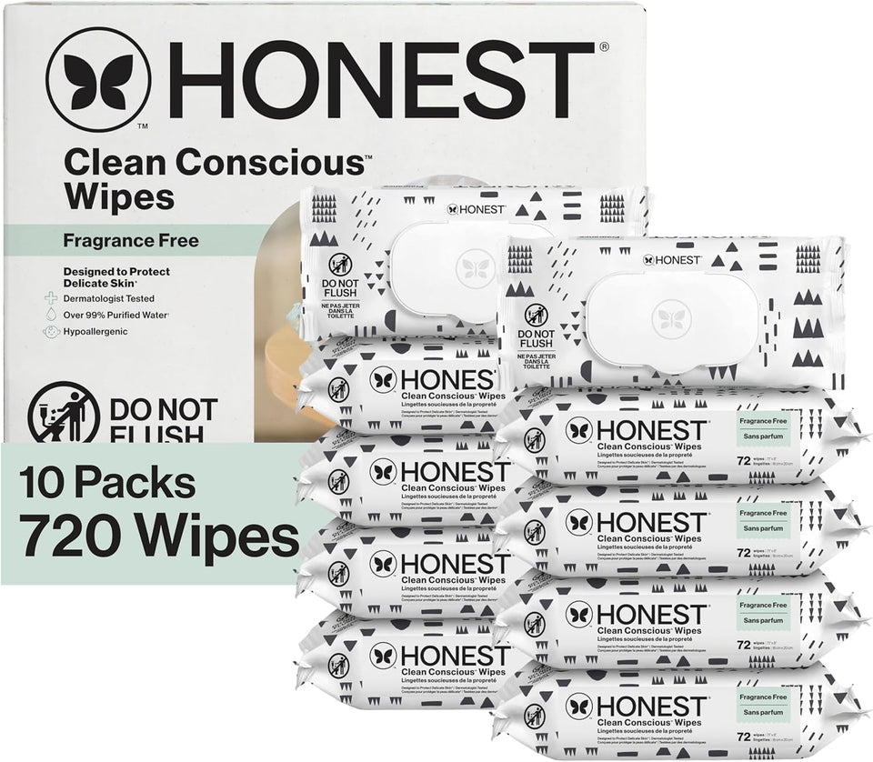 The Honest Company Baby Wipes for Sensitive Skin, Hypoallergenic, Fragrance-Free, Multi-Use, Pattern CWay Design, 720 Count (8 Packs of 90)