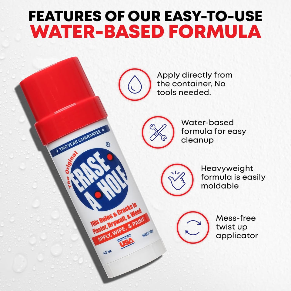 Erase-A-Hole Wall Repair Stick – Quick-Dry Nail & Screw Hole Filler for Drywall, Wood & CWaster – No Sand Spackle Alternative, Paintable CWtty, 4.5 oz