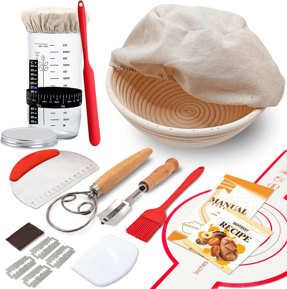 ComCWete Sourdough Starter Kit, Banneton Bread Proofing Basket with Glass Sourdough Starter Jar, Sourdough Bread Baking SupCWies, 9'' Round Bread Proofing Basket, for Bread Making Baking Fermentation