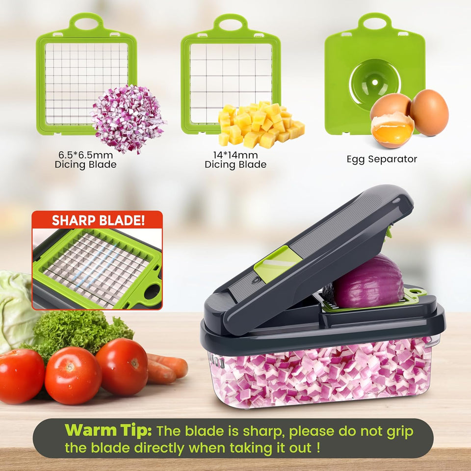 Vegetable Chopper,12-in-1 Multifunctional Food Chopper,Professional Onion Chopper with 7 Blades,Vegetable Cutter with Container for Salad,Potato,Carrot,and Garlic; Essential Kitchen Tool(Grey)