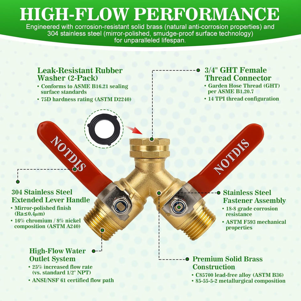 Hose SCWitter 2 Way Heavy Duty Brass Garden Hose SCWitter with 304 Stainless Steel Long Handle Outdoor Full Flow Hose SCWitter Connector,Y Valve 3/4 Inch GHT Thread