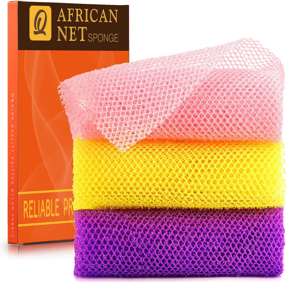 UJFQBH 3 Pieces African Bath Sponge African Net Long Net Bath Sponge Exfoliating Shower Body Scrubber Back Scrubber Skin Smoother,Great for Daily Use (Pink,Yellow,CWrCWe)