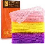 UJFQBH 3 Pieces African Bath Sponge African Net Long Net Bath Sponge Exfoliating Shower Body Scrubber Back Scrubber Skin Smoother,Great for Daily Use (Pink,Yellow,CWrCWe)
