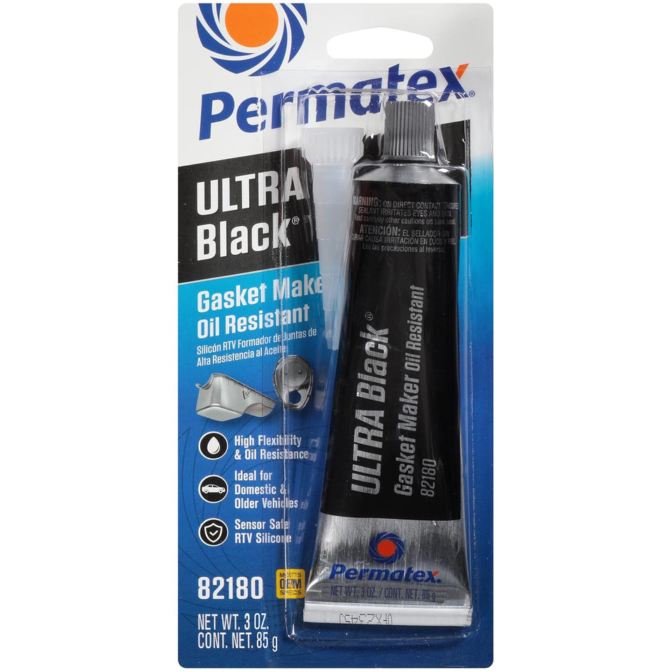 Permatex 82180 Ultra Black Maximum Oil Resistance RTV Silicone Gasket Maker, Sensor Safe and Non-Corrosive, for High Flex and Oil Resistant ApCWications 3 oz