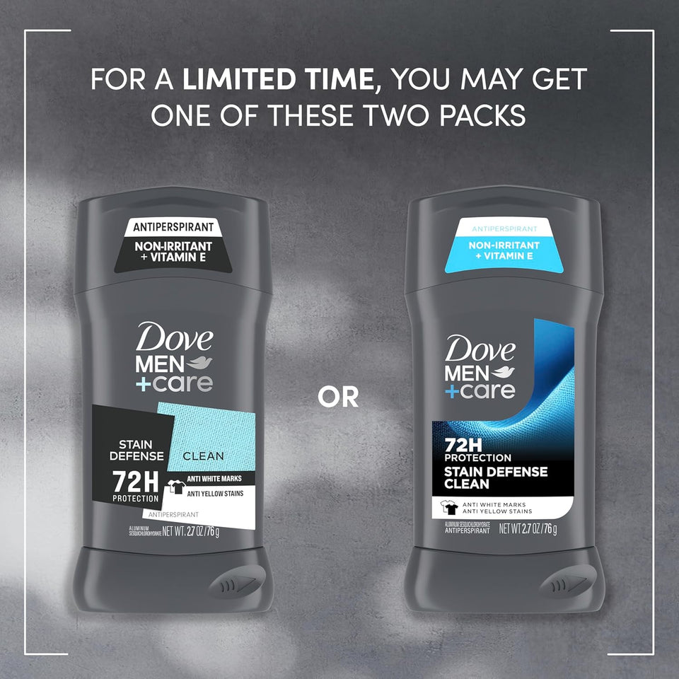 Dove Men+Care Deodorant Stick 4 Count Stain Defense Clean for Men, Anti-white Marks & Anti-yellow Stains with 72-hour Sweat and Odor Protection 2.7 oz