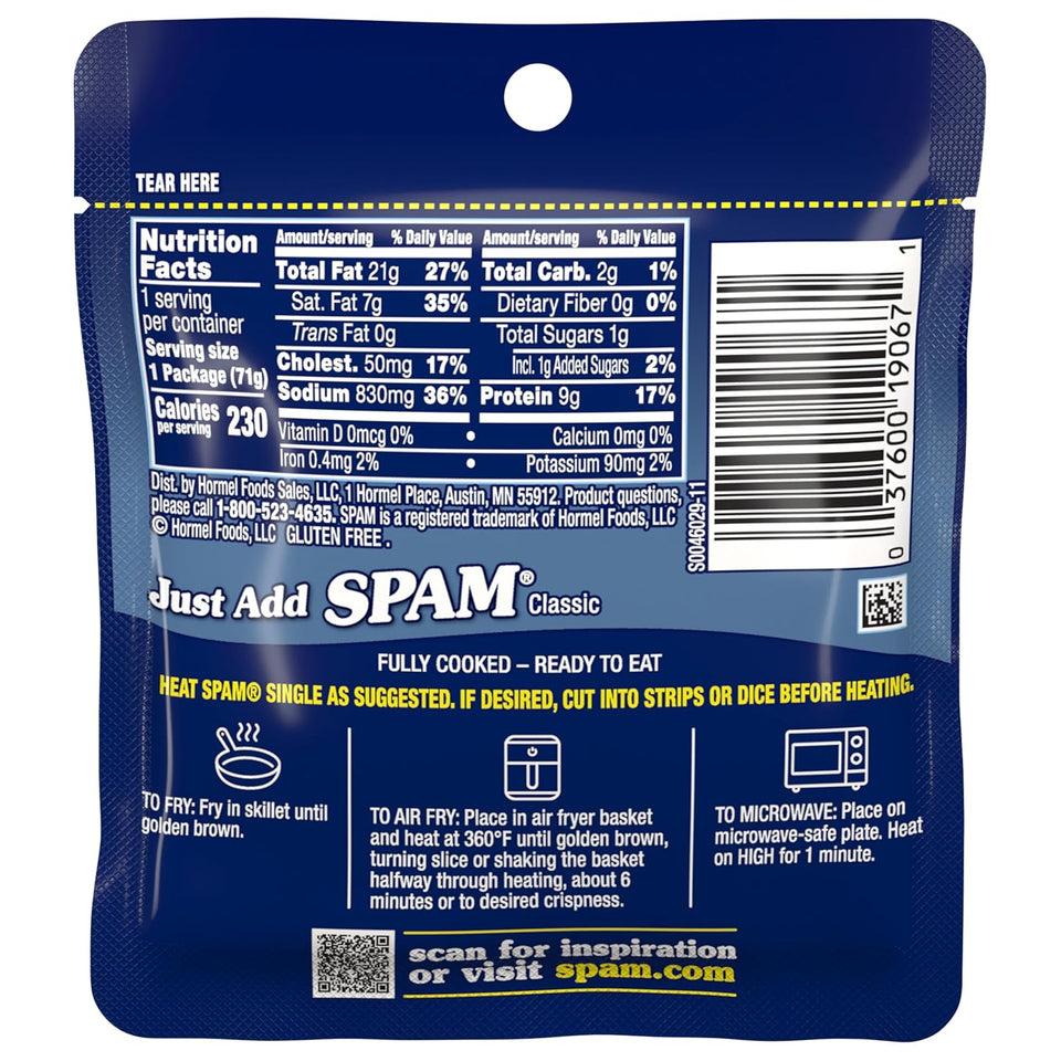 SPAM Classic Single 9 Grams Protein 2.5 oz Pouches 12 Pack
