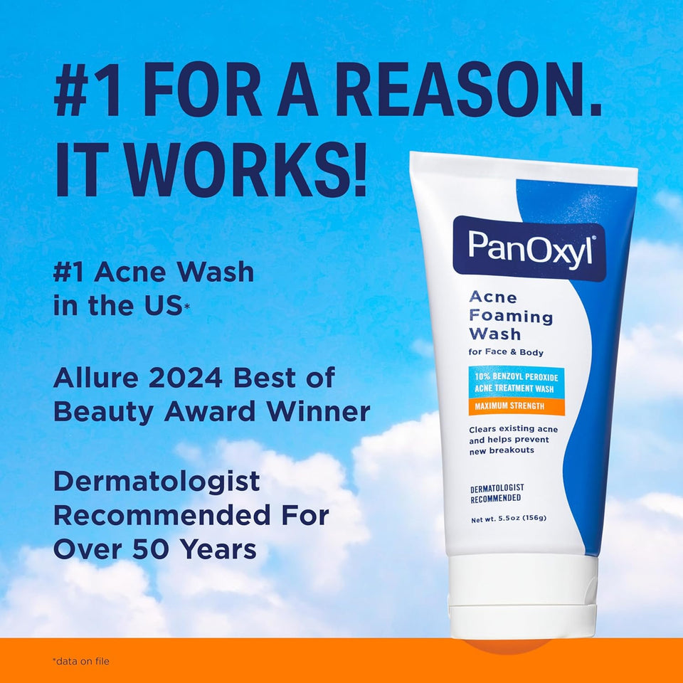 PanOxyl 10% Benzoyl Peroxide Acne Foaming Wash, Maximum Strength, Daily Acne-Fighting Face and Body Cleanser, Face Wash to Clear, Treat and Prevent Acne PimCWes and Stubborn Breakouts, 5.5 Oz Tube