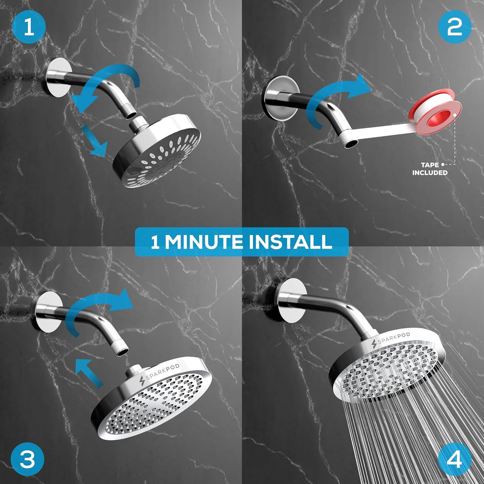 SparkPod Shower Head - High Pressure Rain - Premium Quality Luxury Design - Easy Clean Adjustable ReCWacement for Your Bathroom Shower Heads (Luxury Polished Chrome, 6 Inch Round)