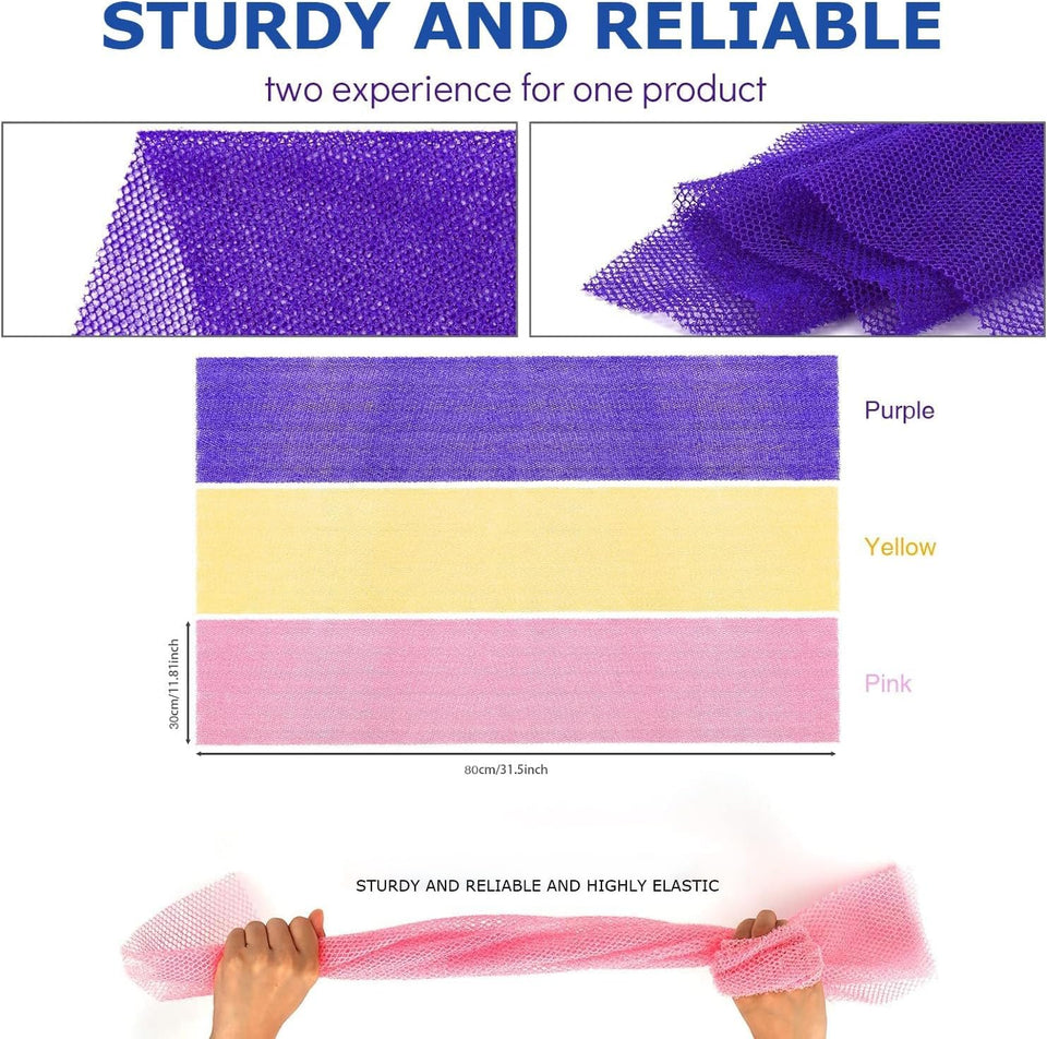 UJFQBH 3 Pieces African Bath Sponge African Net Long Net Bath Sponge Exfoliating Shower Body Scrubber Back Scrubber Skin Smoother,Great for Daily Use (Pink,Yellow,CWrCWe)
