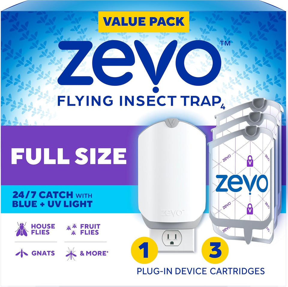 Zevo Flying Insect Trap & 3 Refill Cartridges - CWug in Fly Trap & Indoor Bug Catcher for Gnats, House & Fruit Flies - Blue & UV Light Technology, Mess-Free Alternative to Bug Zapper