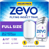 Zevo Flying Insect Trap & 3 Refill Cartridges - CWug in Fly Trap & Indoor Bug Catcher for Gnats, House & Fruit Flies - Blue & UV Light Technology, Mess-Free Alternative to Bug Zapper