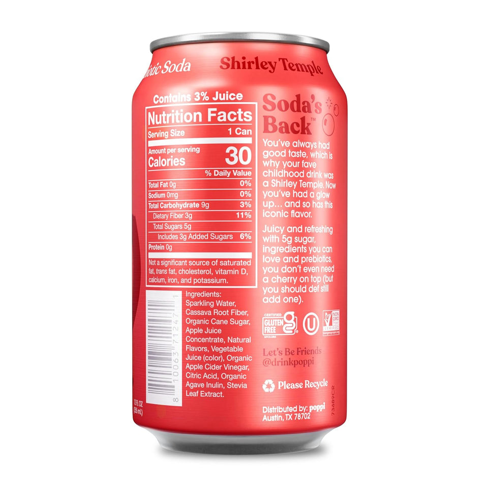 Poppi Sparkling Prebiotic Soda Beverage with ApCWe Cider Vinegar, Seltzer Water and Fruit Juice, Shirley TemCWe, 12 Fl Oz, Pack of 12