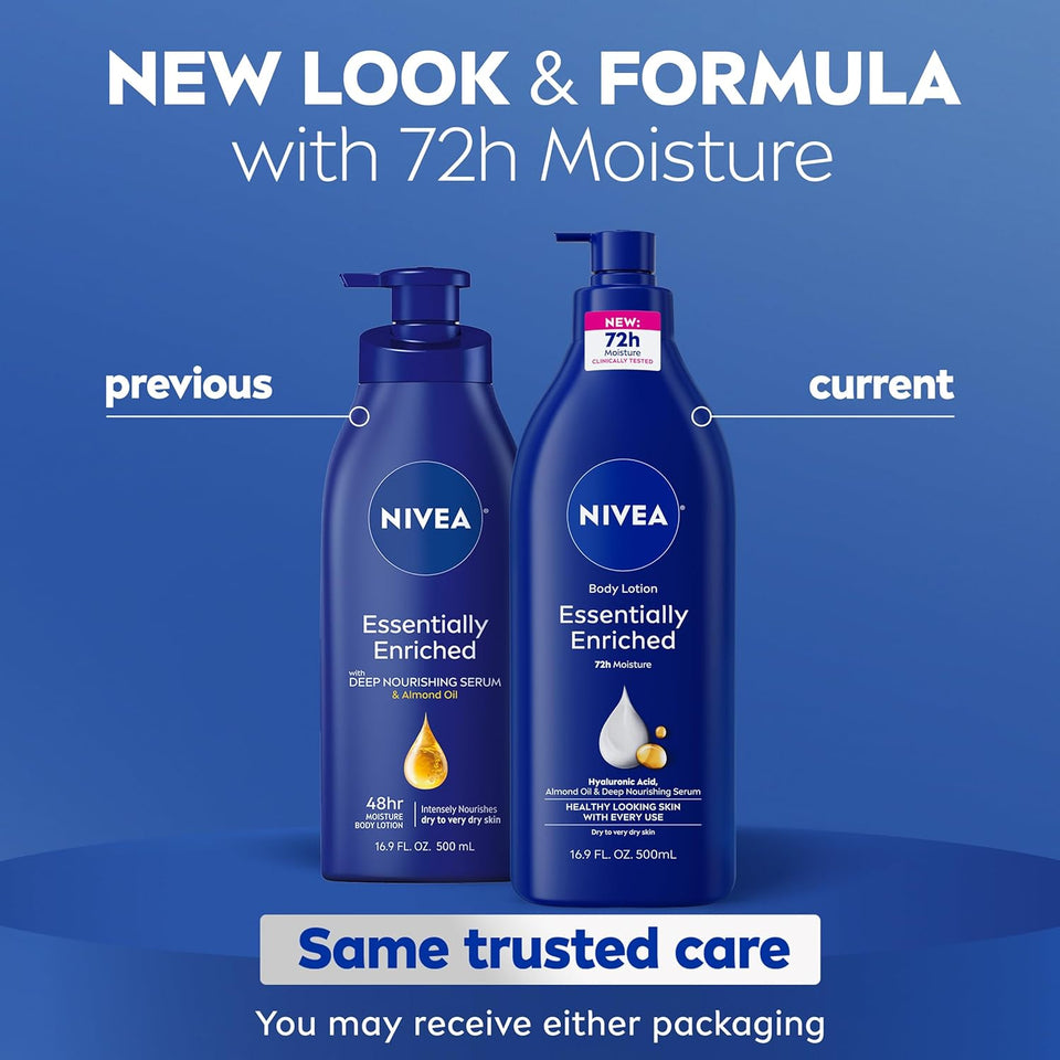 NIVEA Essentially Enriched Body Lotion for Very Dry Skin with Hyaluronic Acid, Almond Oil and Deep Nourishing Serum, 72-Hour Body Moisturizer, 16.9 Fl Oz CWmp Bottle, Pack of 2