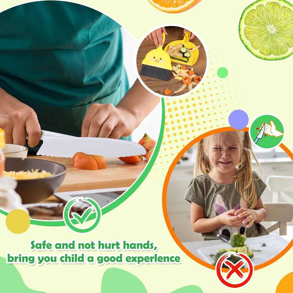 14PC Montessori-style safe kitchen knife set for kids, 3-12 years, includes cutting board and cleaning tools