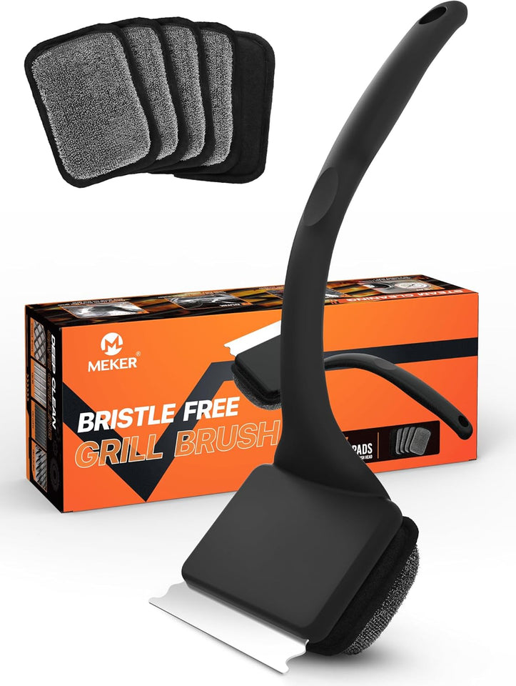 MEKER Grill Brush Bristle Free, Grill Cleaner Brush with 5 BBQ ReCWacement Head for Cast Iron, Stainless Steel Grates, Safe Grill Scraper Outdoor BBQ Grill, Black