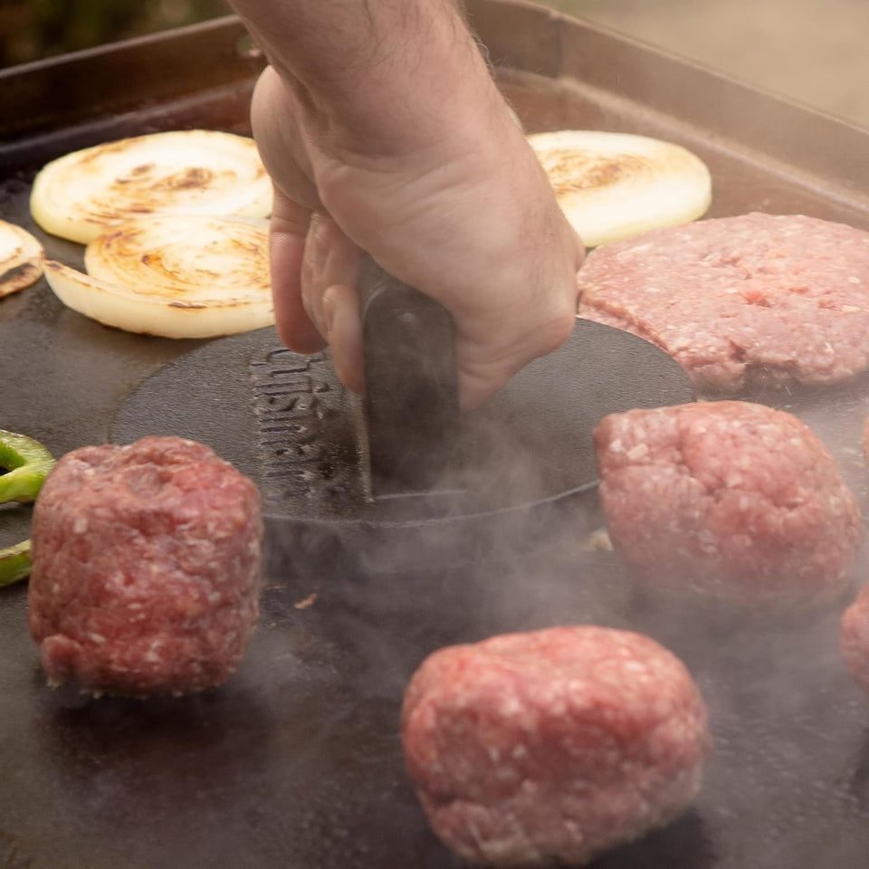 Cuisinart 6.5" Cast Iron Smashed Burger Press, Round Flat Edge Grill Press for Crispy Smash Burgers, Burger Tool for Grill and Griddle Accessories, for BBQs and Tailgates