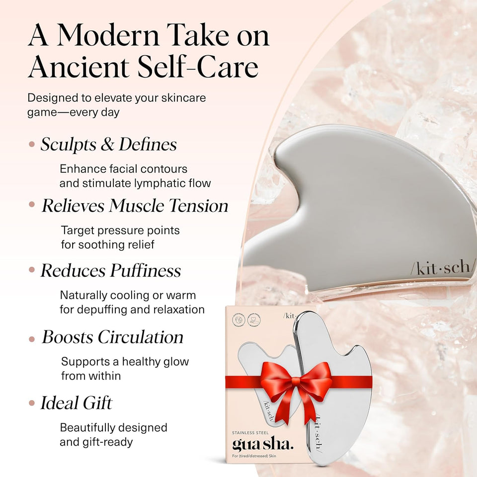 Kitsch Stainless Steel Gua Sha Facial Tools - Guasha Tool for Face, Face Sculpting Tool, Jawline Shaper, Double Chin Reducer, Body Gua Sha Tools, Lymphatic Drainage Massager, Facial Skin Care - Silver
