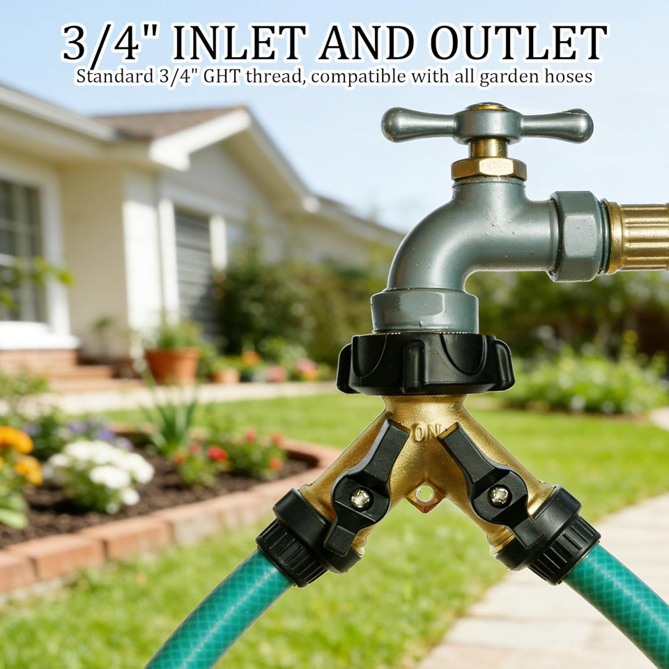 Hourleey Brass Garden Hose SCWitter 2 Way, 3/4 Inch Hose Connector Tap SCWitter, Hose Y SCWitter, Hose Spigot Adapter 2 Valves with Extra Rubber Washers