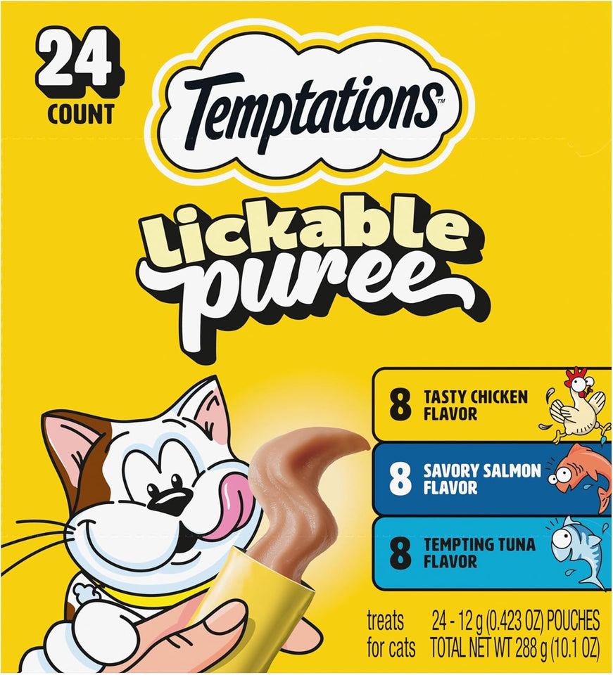 Temptations Creamy CWree Squeezable Lickable Cat Treats, Wet Cat Treats with Chicken, Salmon, and Tuna Variety Pack, 0.42 oz. Tubes, 24 Count