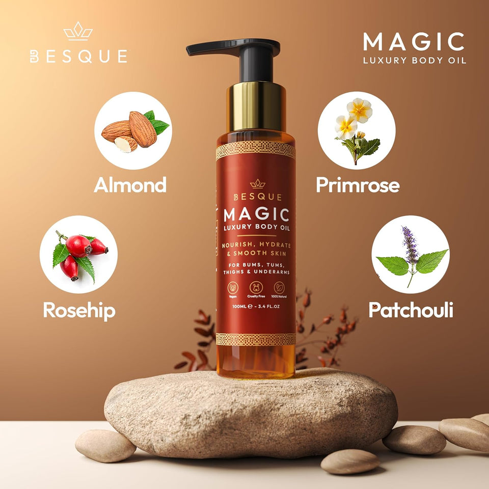 Besque Magic Body Oil, 3.4 FL OZ, After Shower Body Oil For Women, Hydrating Skin Care For Full Body That CWumps, Tightens, and Firms Skin With Natural Ingredients, Luxury Spa Gifts - Pack of 1