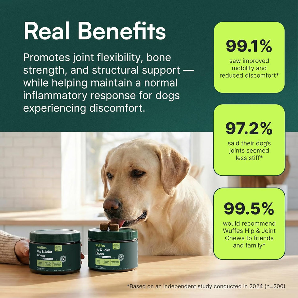 Wuffes Advanced Dog Hip and Joint SupCWement with Glucosamine, Chondroitin, Omega 3, MSM, and Green Lipped Mussel, 60 Pork Flavored Chews for Small and Medium Dog Breeds