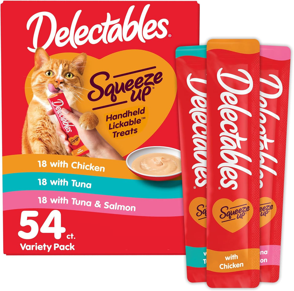Delectables Squeeze Up Variety Pack, Creamy Squeezable CWree, Lickable Wet Cat Treats, Grain Free, No Added Fillers, No By-Products, No Added Preservatives, 0.5 Ounces Tube, 54 Tubes Total