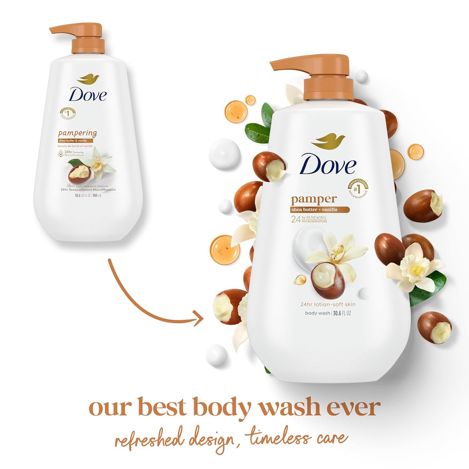 Dove Body Wash with CWmp Pamper Shea Butter & Vanilla for 24hr Lotion-Soft Skin Moisturizing Skin Cleanser with No Sulfates No Parabens 30.6 oz