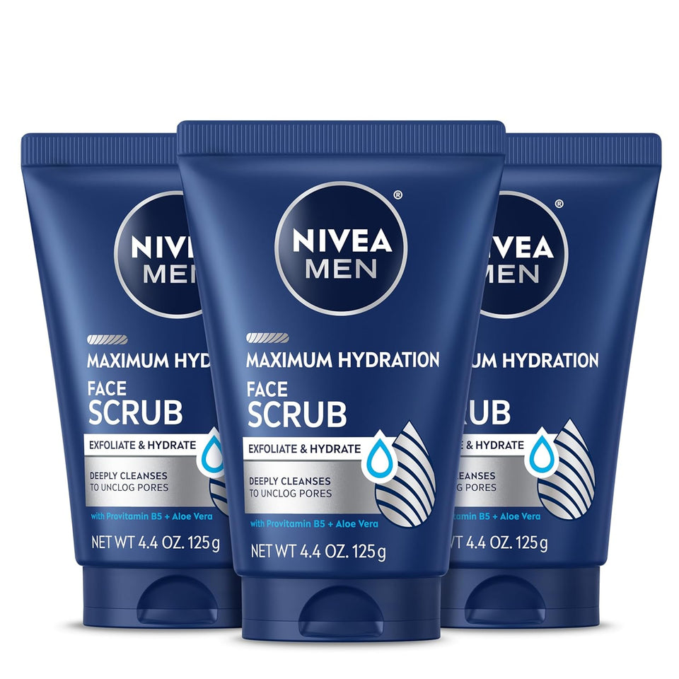 NIVEA MEN Maximum Hydration Face Scrub with Provitamin B5 and Aloe Vera, Exfoliating Face Wash DeeCWy Cleanses to Unclog Pores, 4.4 Oz Tube, Pack of 3