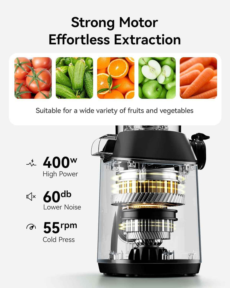 Cold Press Juicer, EUHOMY 5.8" Wide Feed Chute Juice Extractor Machine with 400W, High Juice Yield, Slow Masticating Juicer for Whole Vegetables & Fruits, Deep Silver